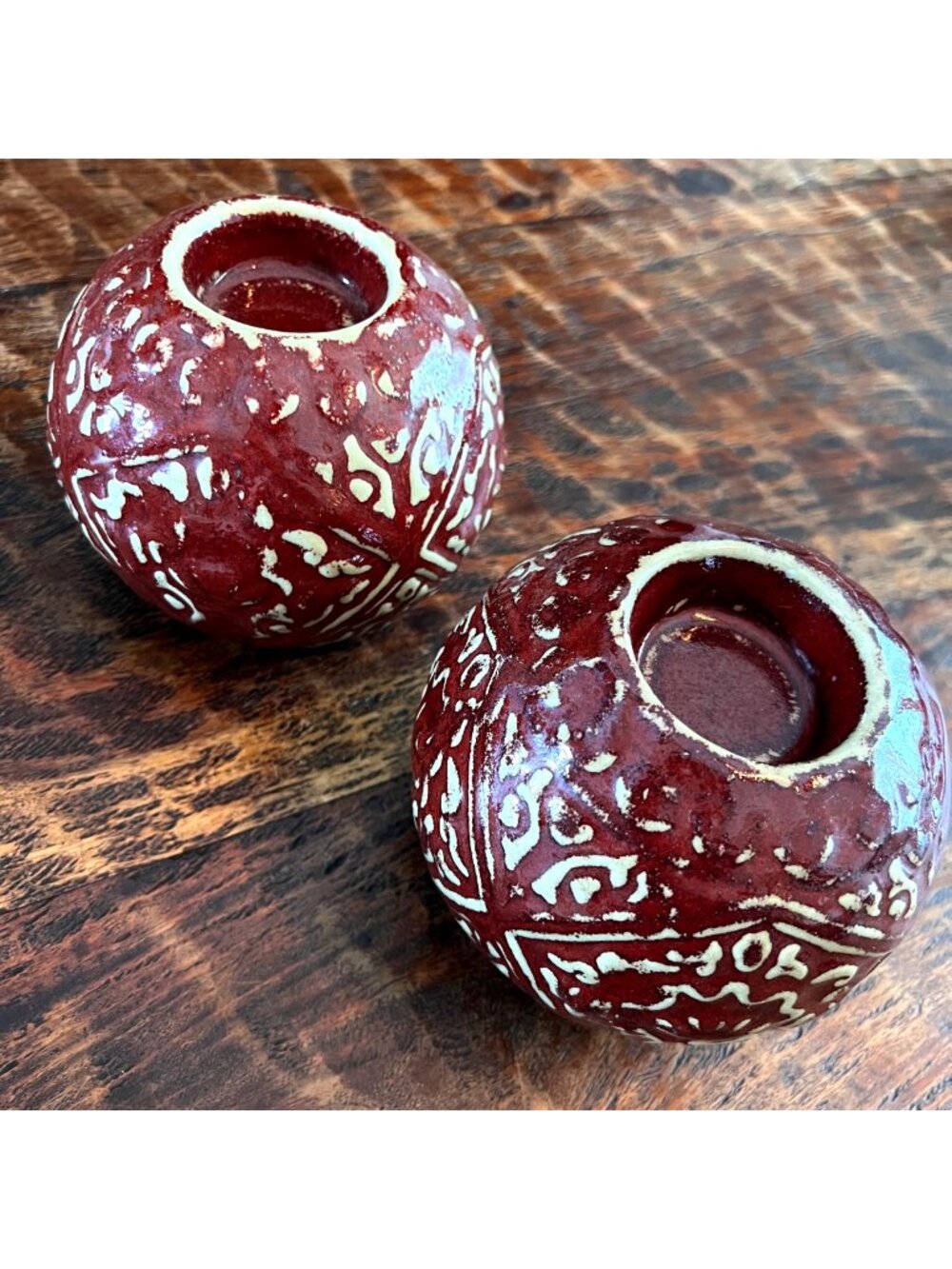 Set Of Two Bombay Red & Cream Textured Ceramic Votive Candle Holders
